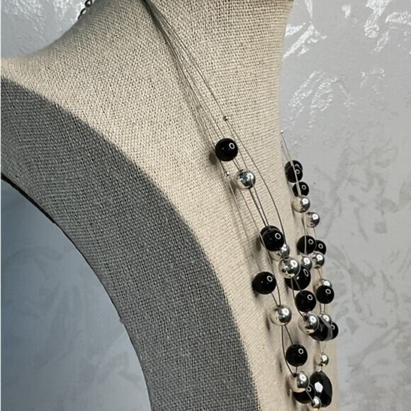 Black and Silver Beaded Invisible Floating Layered Bib Necklace - Picture 2 of 5